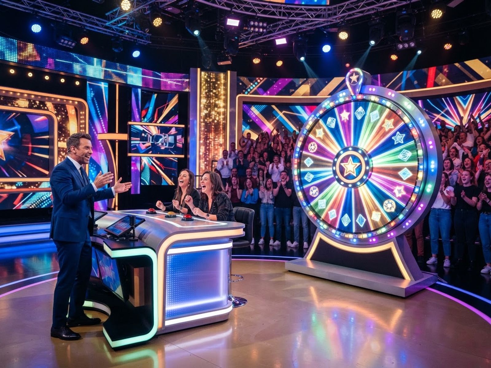 Casino game show studio table with large wheel