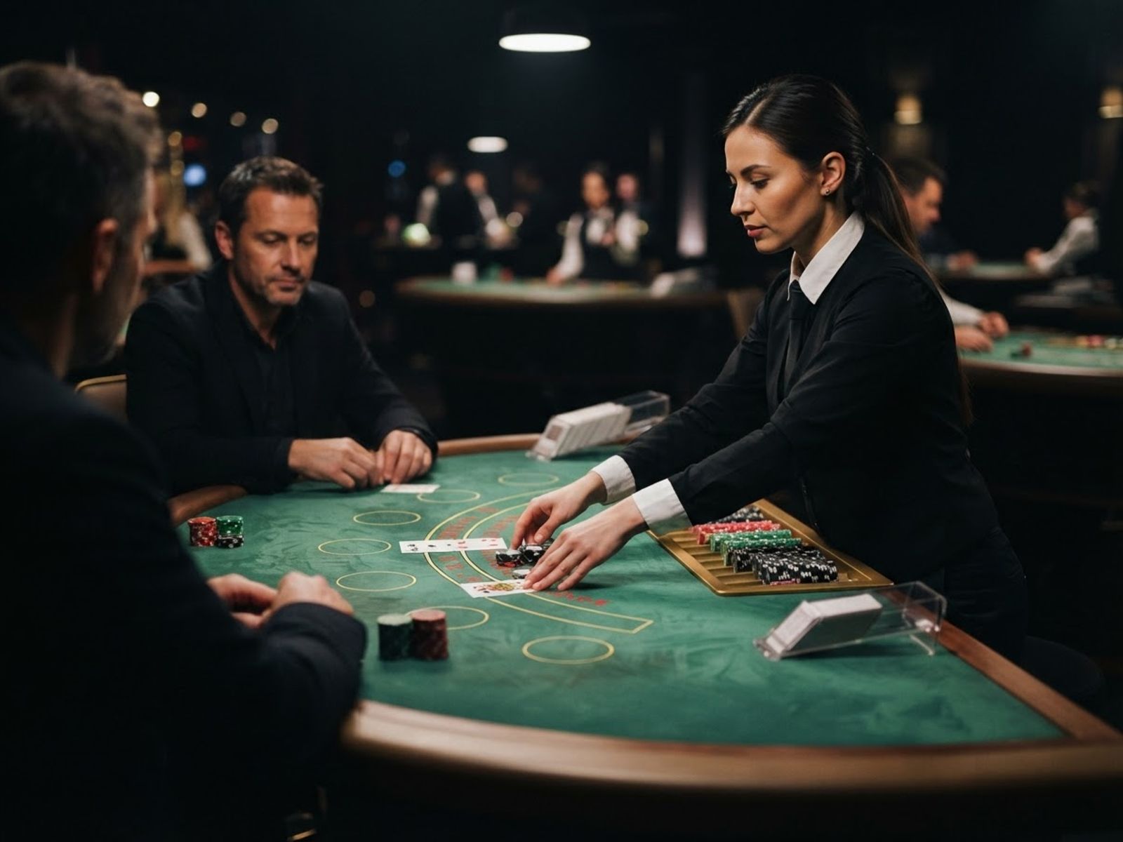 Dealer dealing blackjack cards at a live table