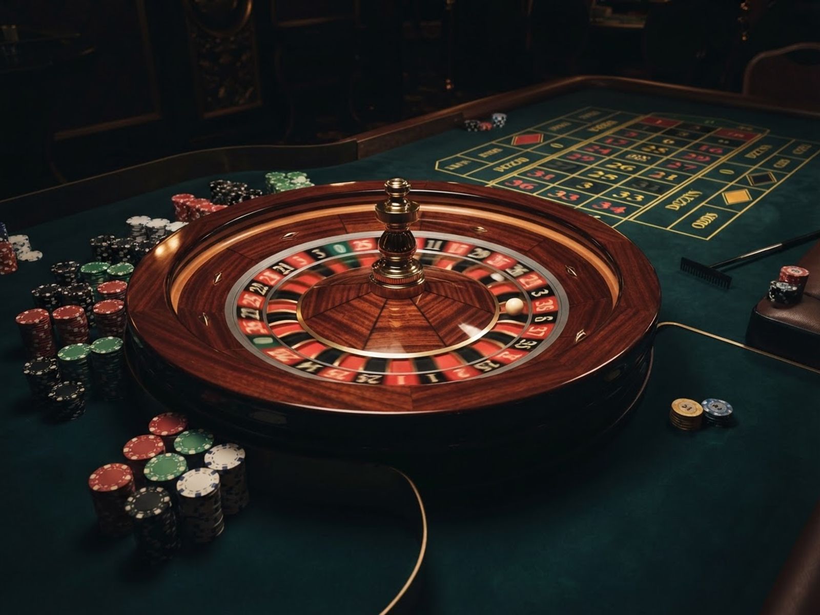 Roulette wheel on a green felt casino table