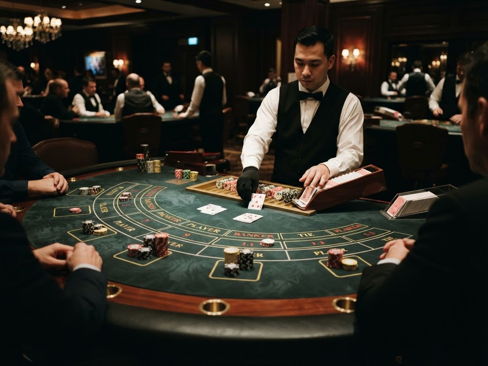 Baccarat table with card shoe and chips