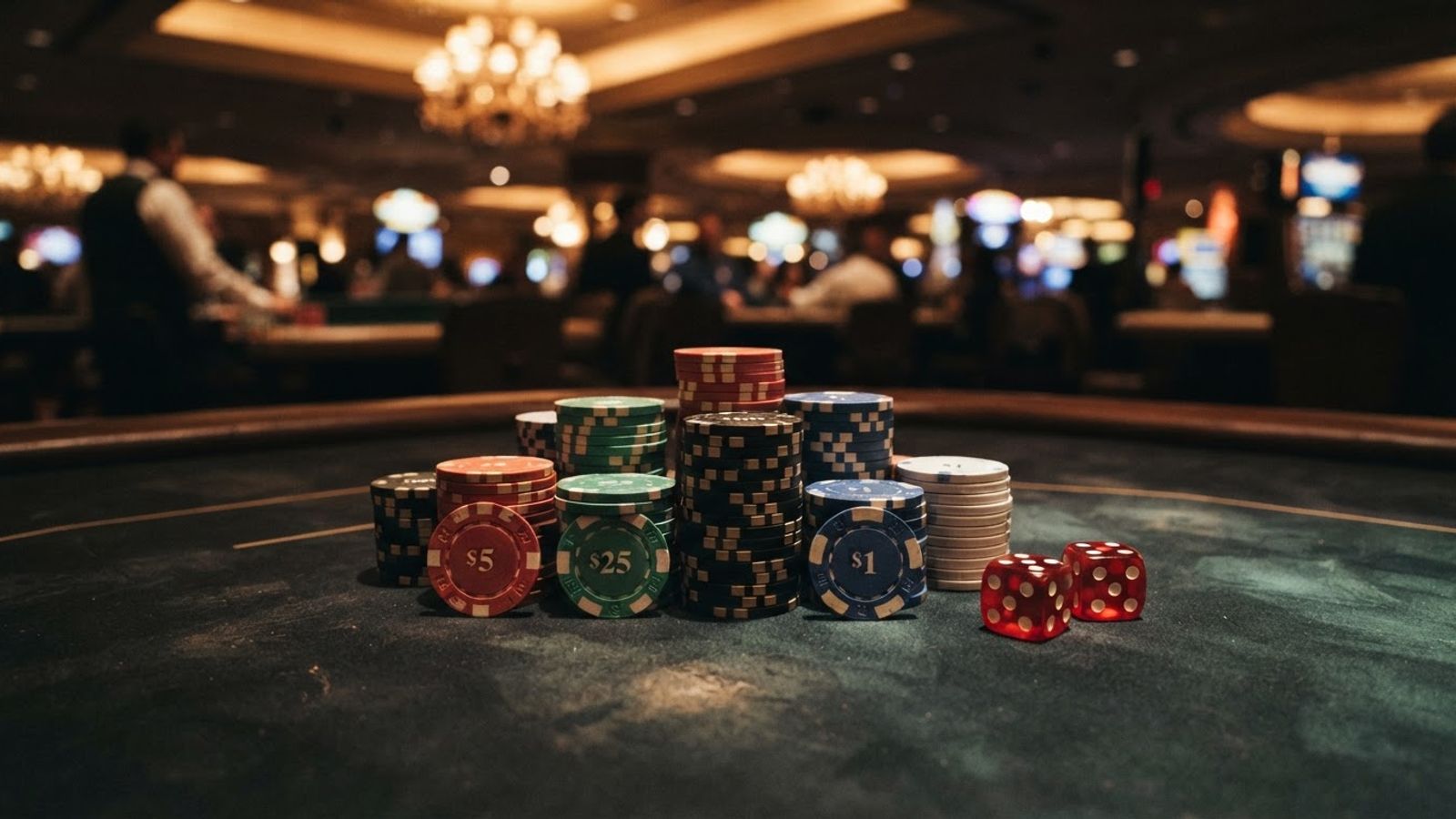 Casino chips and dice on a dark table