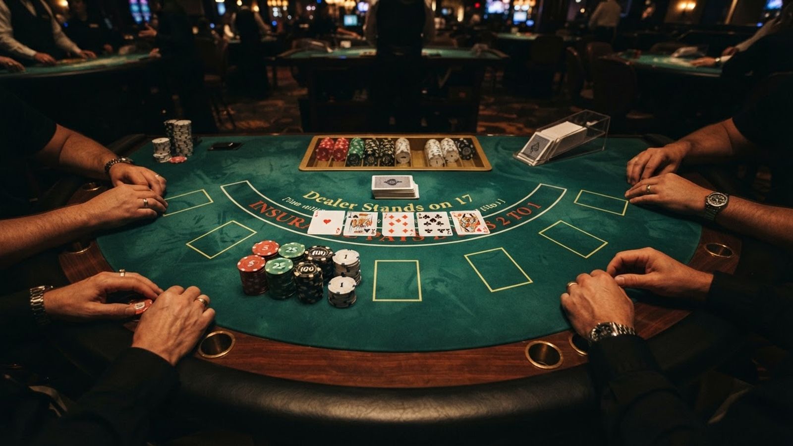 Casino table with cards and chips under warm light